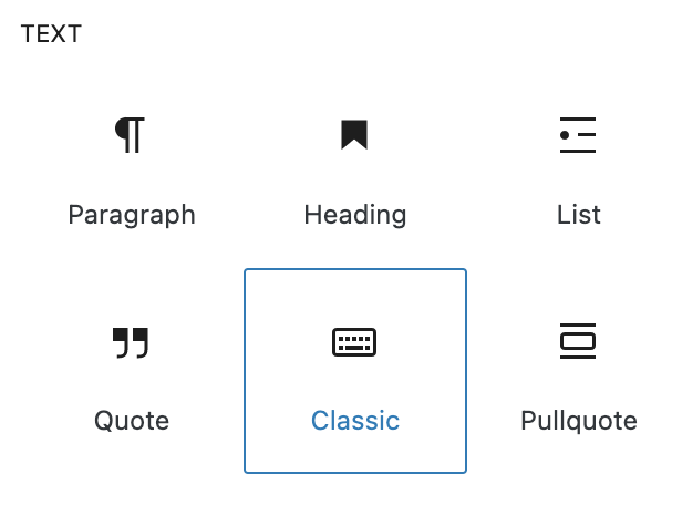 Classic editor block is under the text category