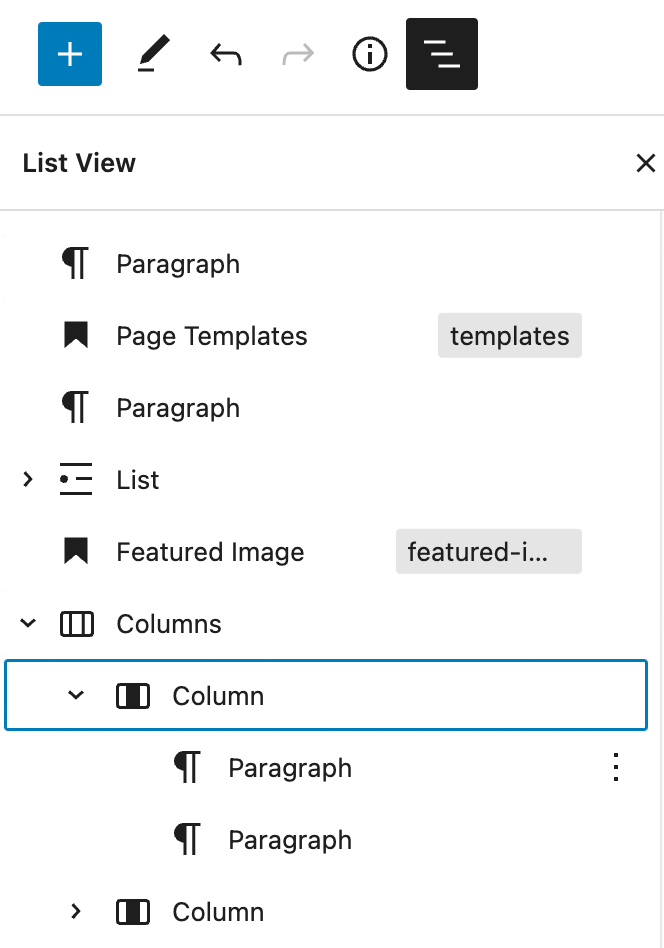 List view showing blocks with anchors