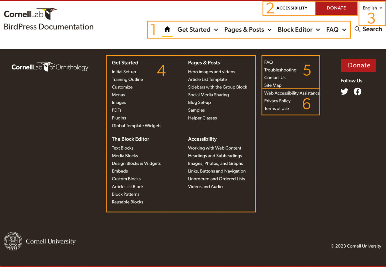 Menu locations on the website