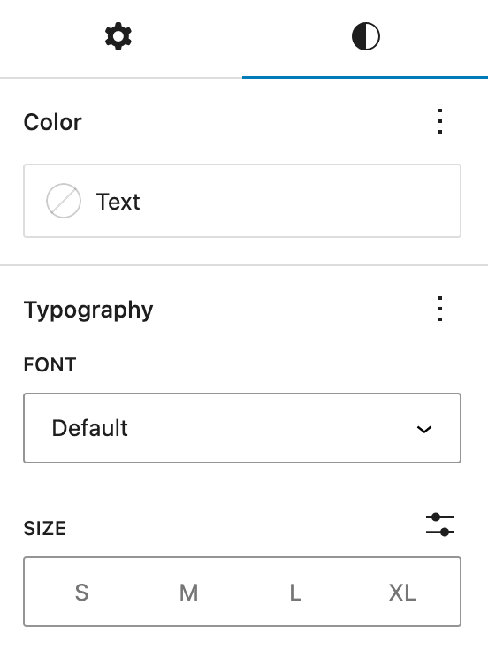 Text color, font family and size options