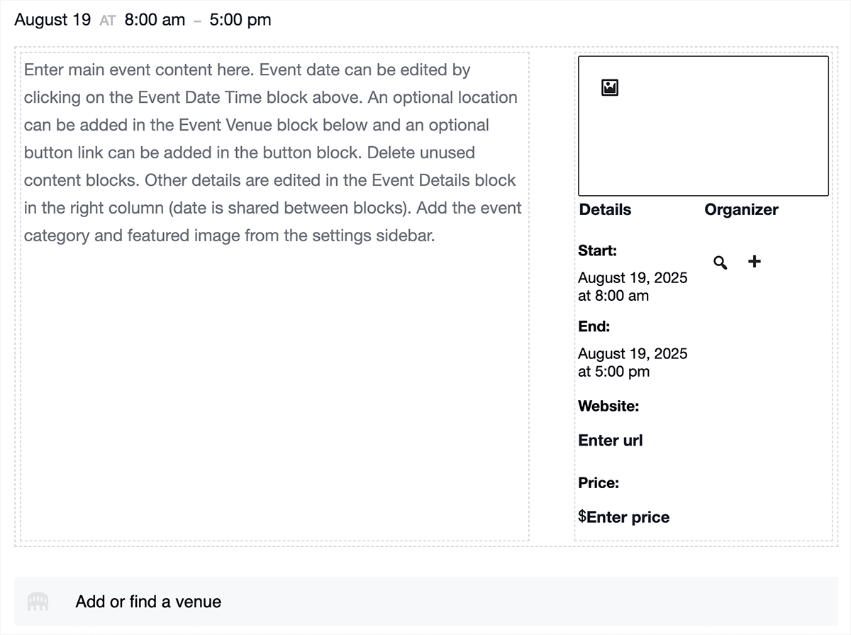 Two-column template for single events